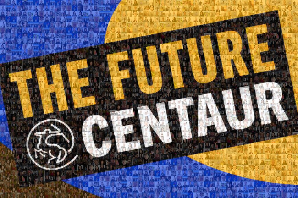 A banner image reads The Future at Centaur on a blue and yellow background made up of a mosaic of faces