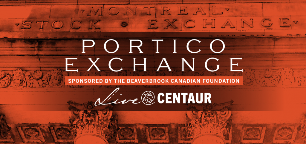 image of the Centaur Theatre building with a red filter and text written: "PORTICO EXCHANGE supported by the Beaverbrook Canadian Foundation, Live @ Centaur"